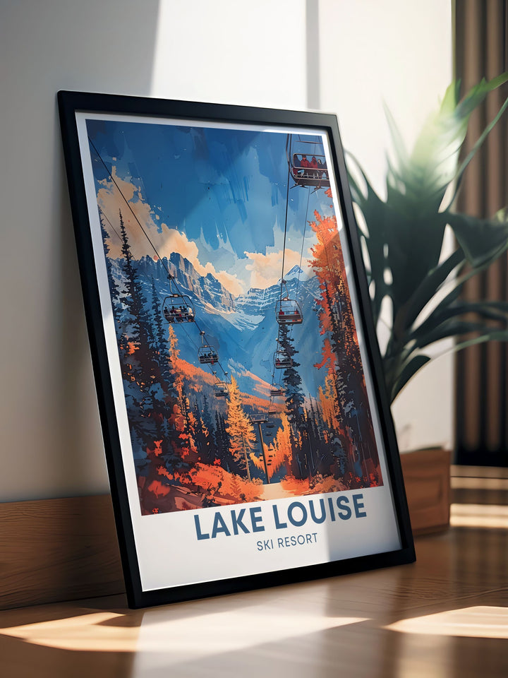 A stunning illustration of Lake Louise captures its crystal clear waters and peaceful environment, set against the majestic backdrop of the Rocky Mountains. This art print is ideal for bringing the tranquility of nature into your home.
