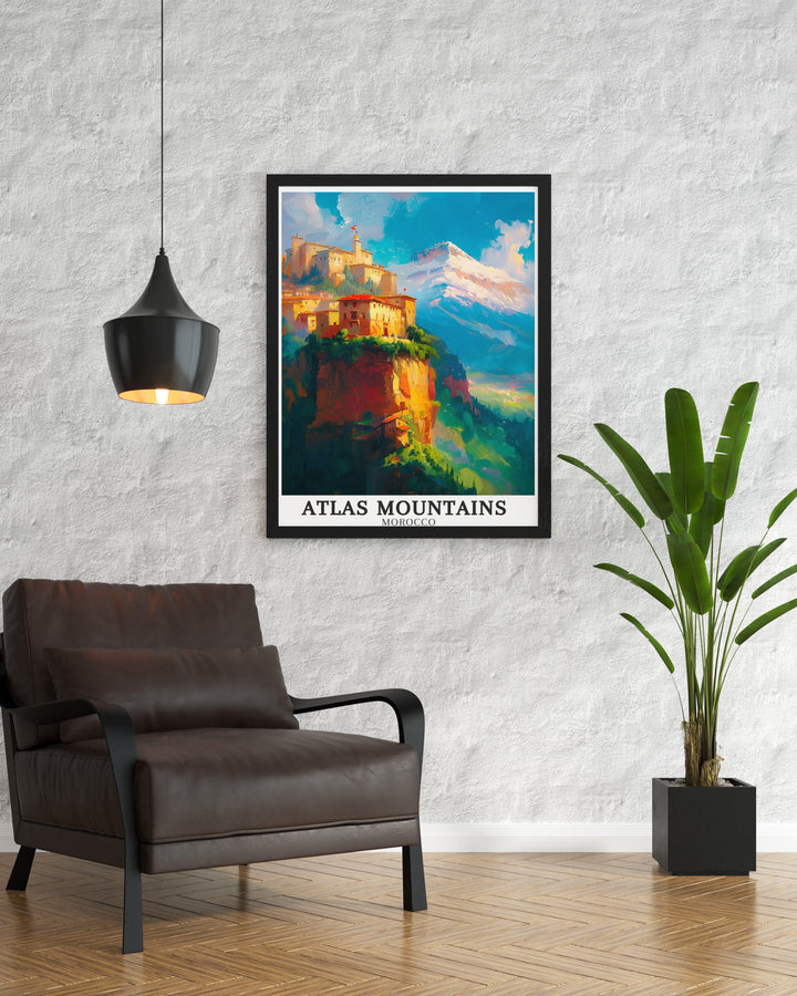 Chefchaouen poster featuring the iconic Blue City Morocco and the majestic Mount Toubkal Imlil Valley framed prints ideal for creating a stunning living room decor that reflects the beauty of Morocco and its rich cultural heritage