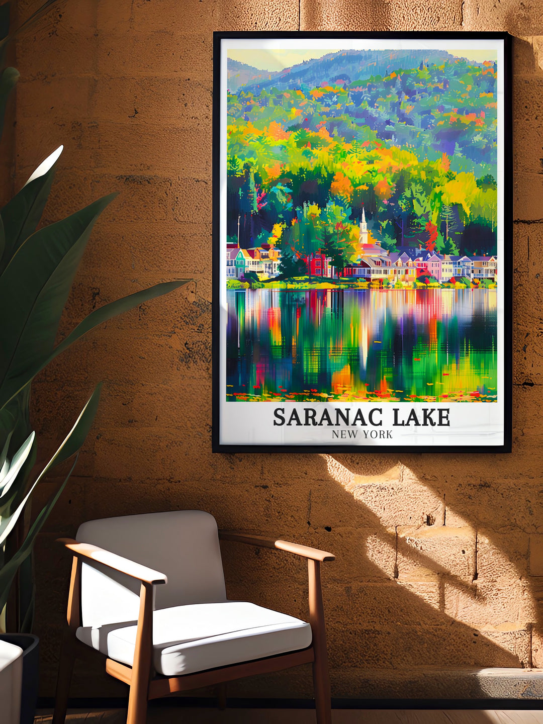 Enhance your home decor with this Saranac Lake poster print showcasing Lake Flower and Saranac River A stunning representation of New York State art this piece is perfect for those who appreciate the natural beauty of the Adirondacks