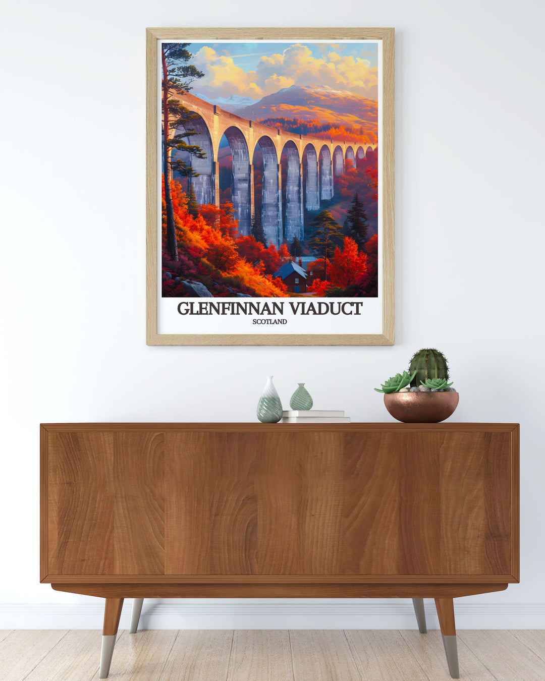 Custom print of the Glenfinnan Viaduct in Scotland, illustrating its historical significance and stunning scenery, ideal for those who appreciate the blend of history and natural beauty.