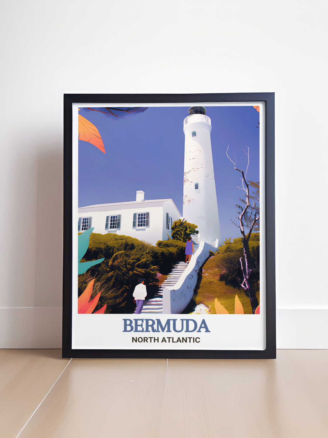 Beautiful Gibbs Hill Lighthouse Framed Print featuring a detailed view of the landmark against a picturesque Caribbean backdrop ideal for stylish living room accents