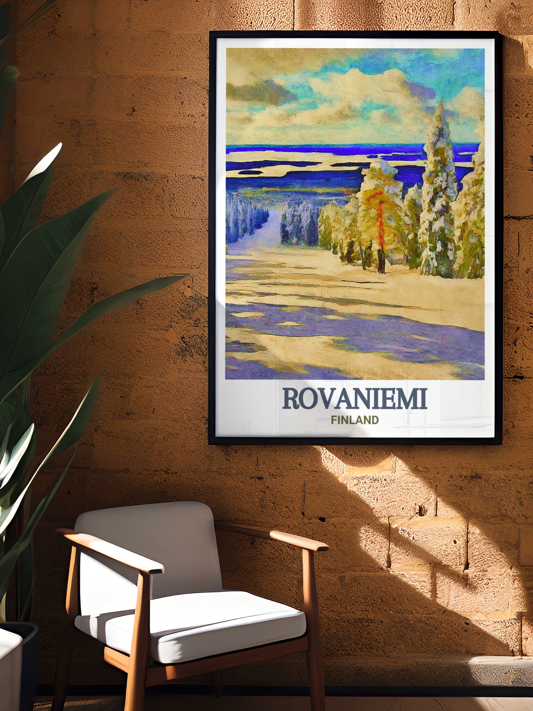 This illustration of Rovaniemi and Ounasvaara Ski Resort in Finland brings the tranquil beauty of the Arctic Circle into your home. The print is perfect for anyone who appreciates the serene charm of winter landscapes.