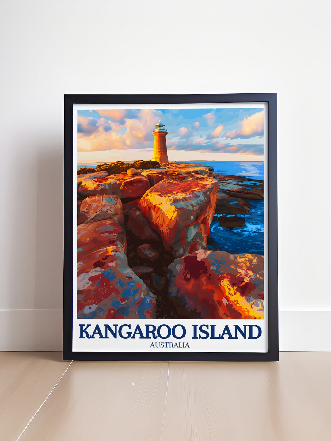 Celebrate the rugged beauty of Kangaroo Island with this travel print featuring Remarkable Rocks and the Cape du Couedic Lighthouse, perfect for adding a touch of Australias coastal charm to your walls.