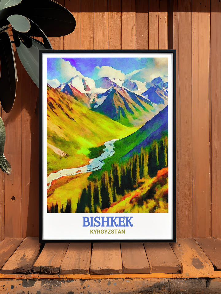 Bishkek Wall Art offers a stunning portrayal of the capitals dynamic cityscape, balanced with the peaceful wilderness of Ala Archa National Park. This print is a must have for those who love both urban and natural environments, making it a versatile addition to any decor.