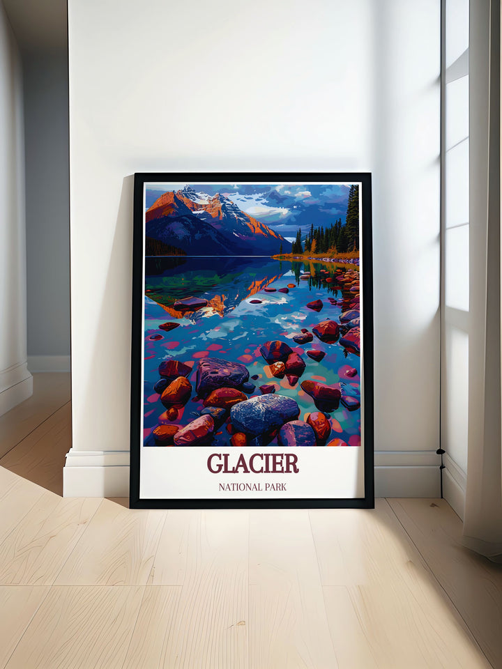 This travel poster of Glacier National Park features the parks diverse landscapes and rich wildlife. Ideal for nature enthusiasts, this artwork captures the essence of one of Americas most beautiful national parks.