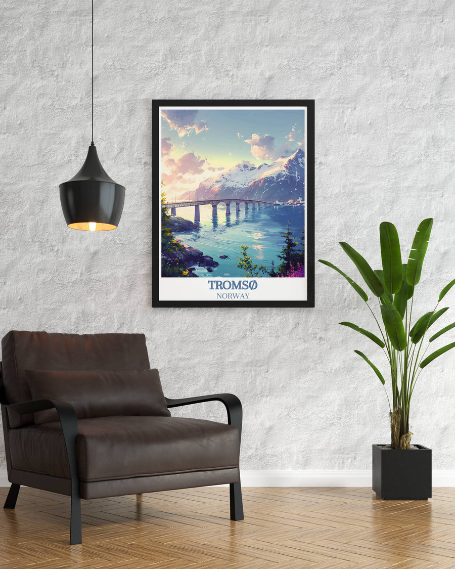 Norway travel poster celebrating the rich cultural and natural heritage of Tromsø Bridge, with a retro inspired design that adds a touch of nostalgia and timeless beauty.