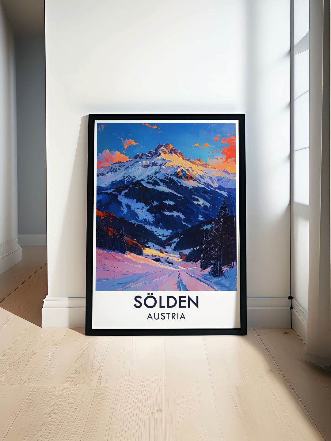 Bring the beauty of Solden into your home with this detailed poster, highlighting the excitement of snowboarding and the serene alpine scenery of Gaislachkogl Peak.