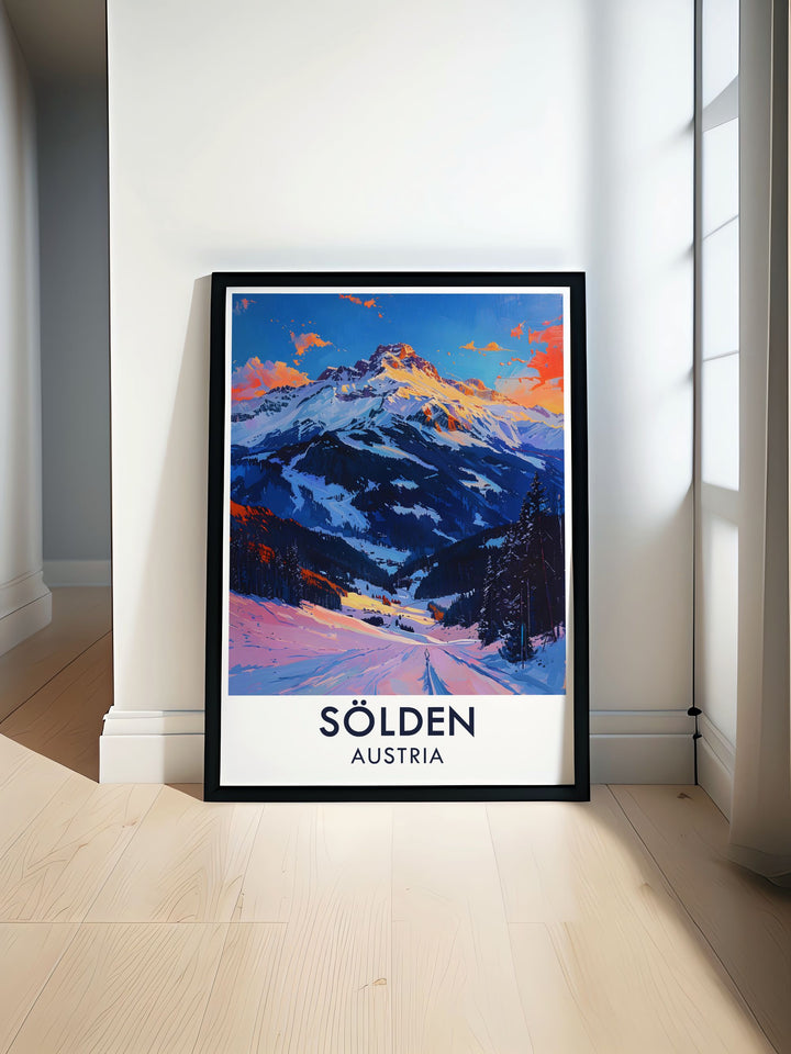 Featuring Soldens world famous snowboarding slopes and the stunning Gaislachkogl Peak, this travel poster is perfect for those who love winter sports and the alpine atmosphere. The detailed design and vibrant colors make this a must have for any snowboarding fan.