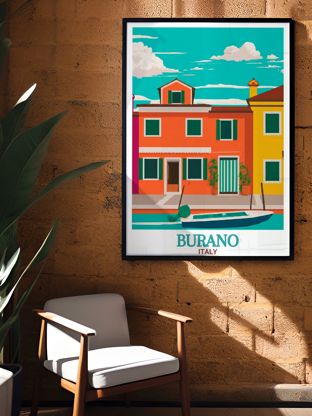 Captivating Burano Travel Poster showcasing the colorful houses and picturesque canals of Burano. This print is perfect for adding a touch of travel inspired decor to your home, evoking memories of Italy.