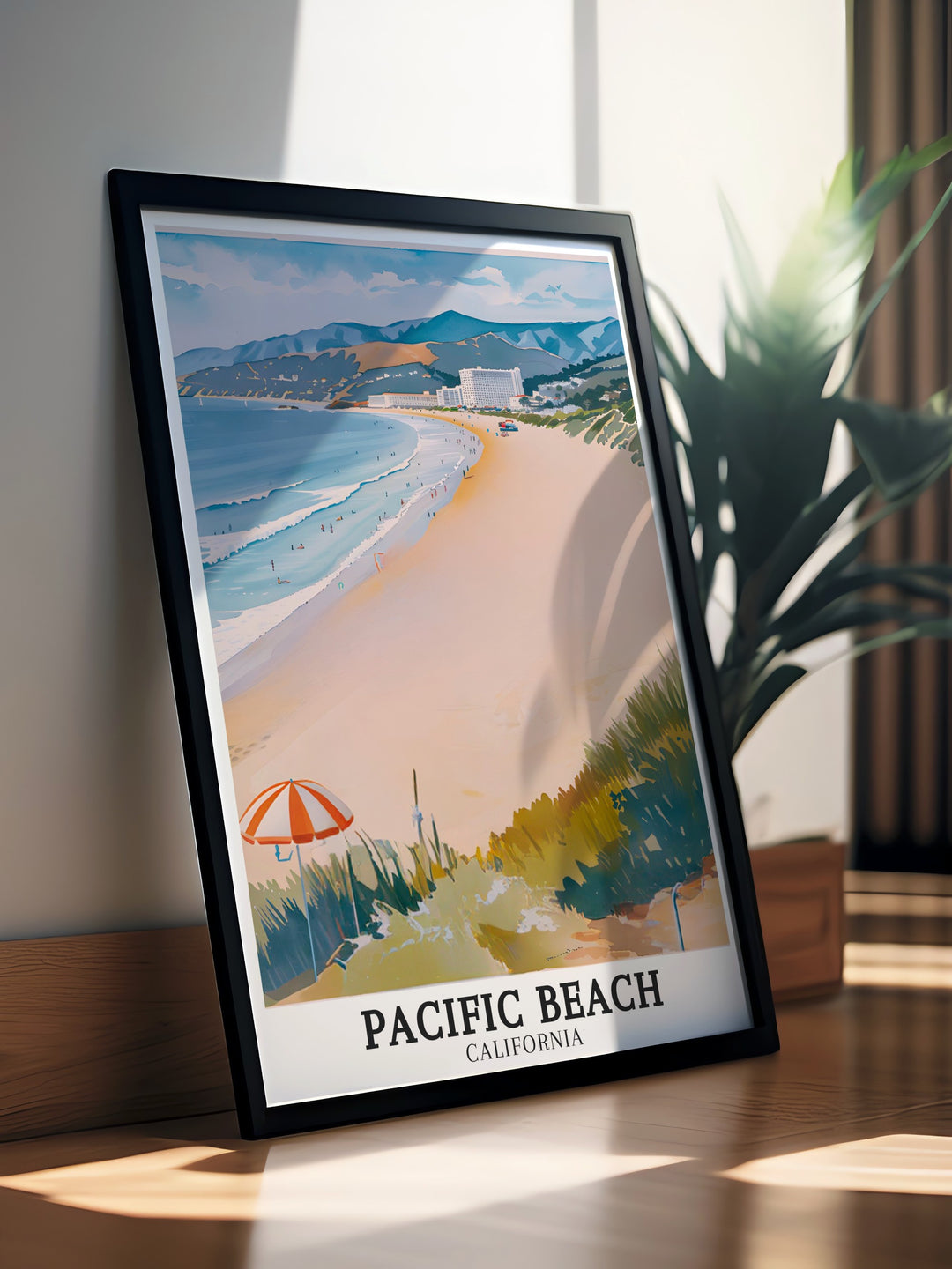 This poster print of Pacific Beach captures the energy and beauty of San Diegos coastline. Featuring the iconic Pacific Hotels, its perfect for anyone looking to add a touch of Californias laid back charm to their space.