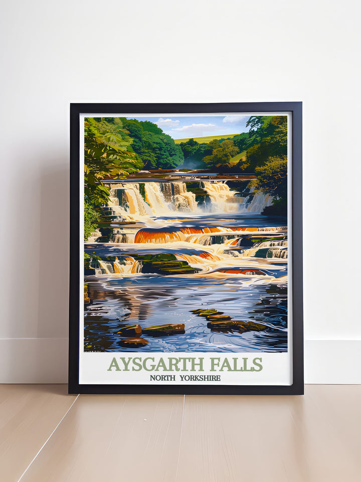 Aysgarth Falls art print featuring the iconic scenery of North Yorkshire a must have for those who love nature inspired decor this vintage travel poster brings the breathtaking beauty of the Yorkshire Dales into any room with elegant style.