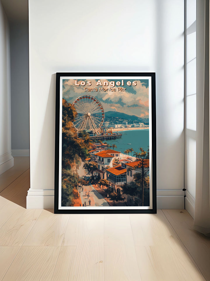 Experience the coastal charm of Santa Monica Pier with this detailed poster, capturing its lively atmosphere and beautiful ocean views, perfect for adding a touch of beachside serenity to your home.