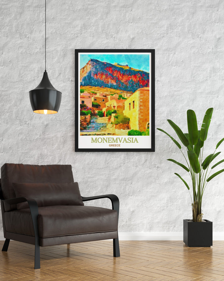 Monemvasia Wall Print showcasing the fortress towns stunning views, with its ancient stone buildings and the vast Mediterranean Sea. This wall print is a tribute to Greeces enduring cultural heritage, perfect for anyone who appreciates the art of travel.