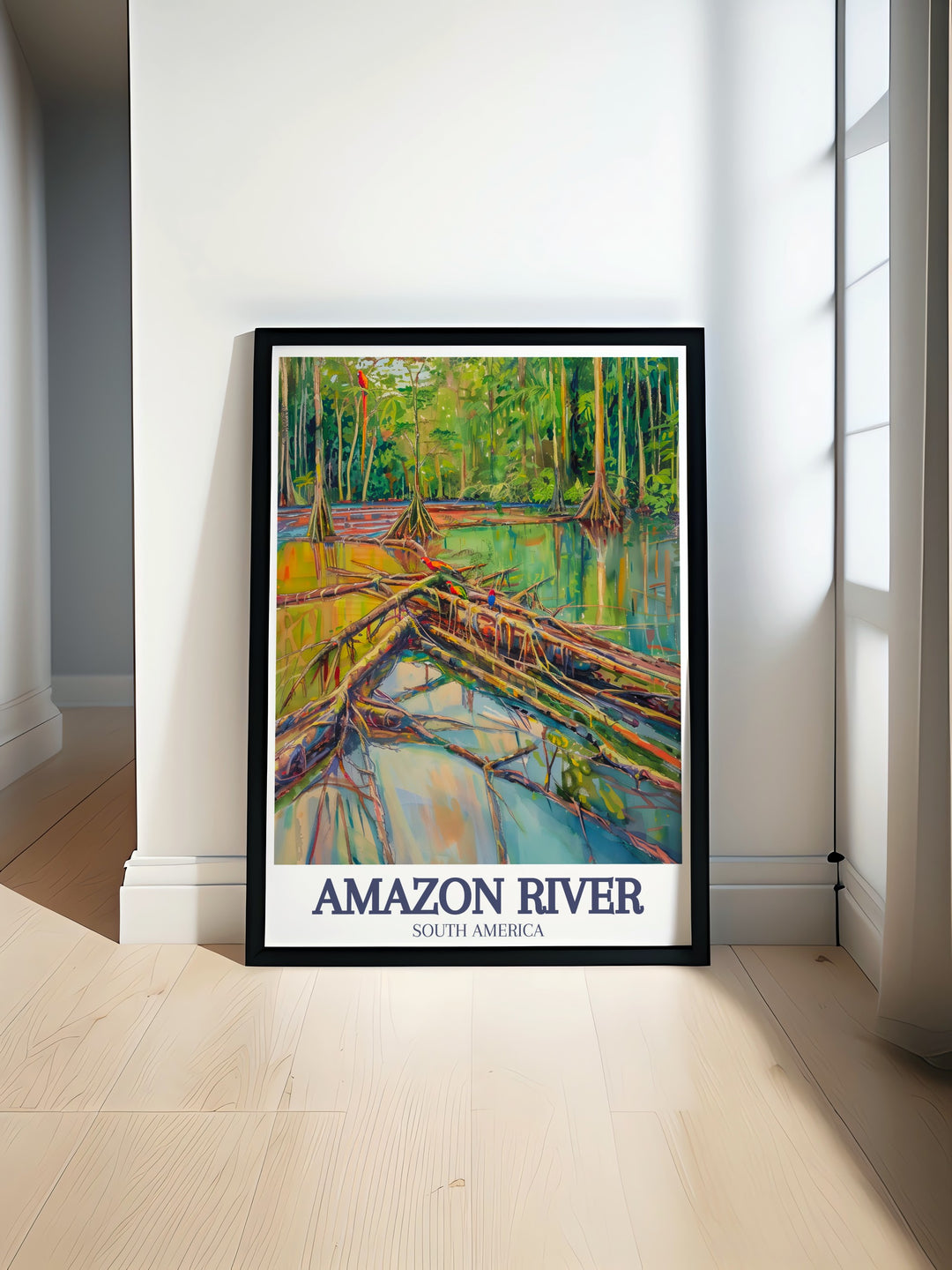 Igapo forest, Macaws travel poster showcasing the vibrant and lush landscape of the Amazon rainforest. This stunning artwork features colorful macaws in their natural habitat, perfect for enhancing home decor and adding a touch of exotic beauty to any room.