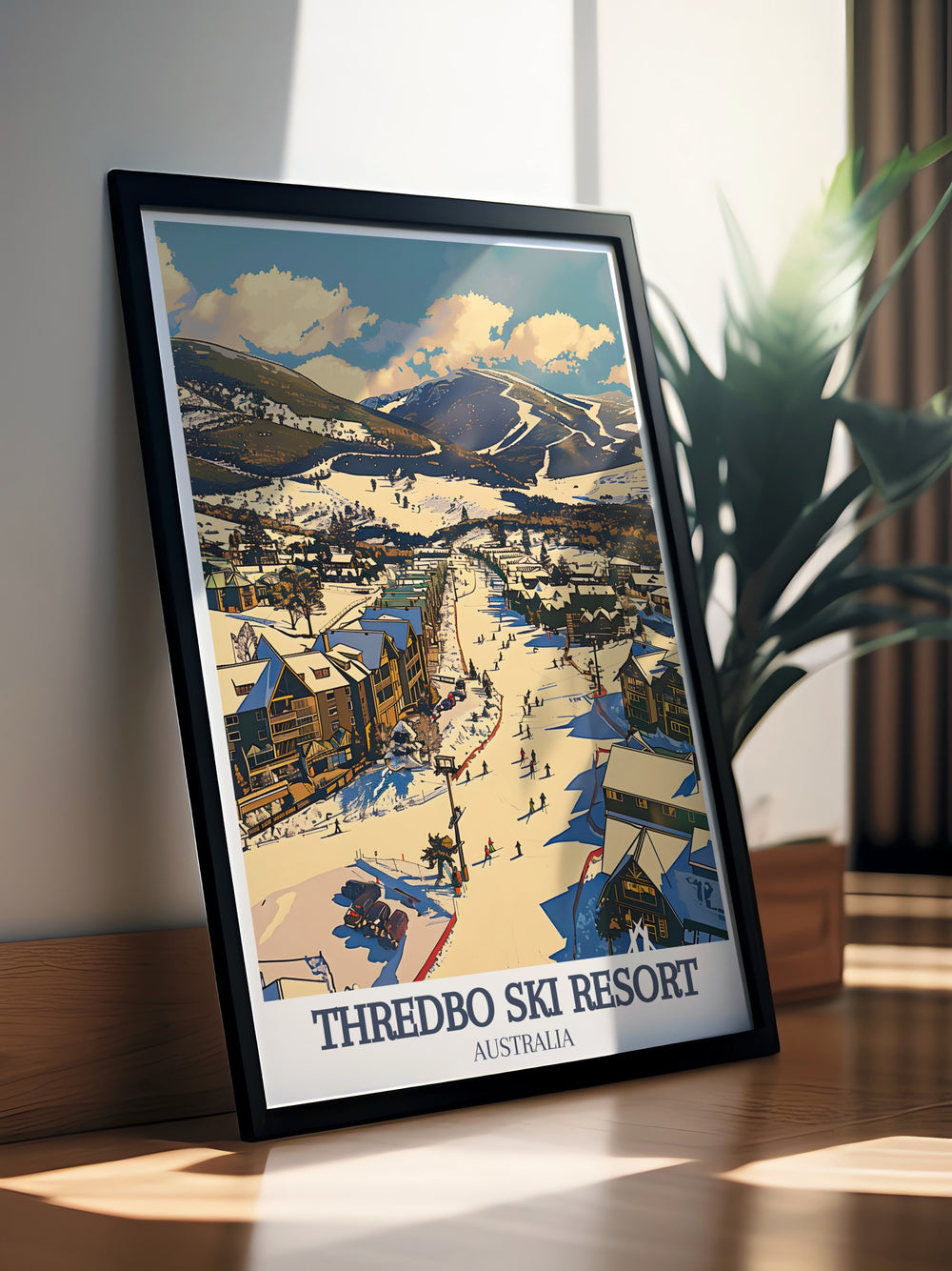 Thredbo Ski Resort poster captures the magic of Australias Snowy Mountains with its stunning depiction of Thredbo Village and the Australian Alps. This vintage travel print is perfect for ski enthusiasts and fans of winter sports.