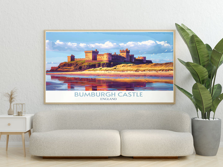 Bamburgh Castle print featuring the majestic castle at sunset, with vibrant hues casting the ancient stones in a breathtaking light.