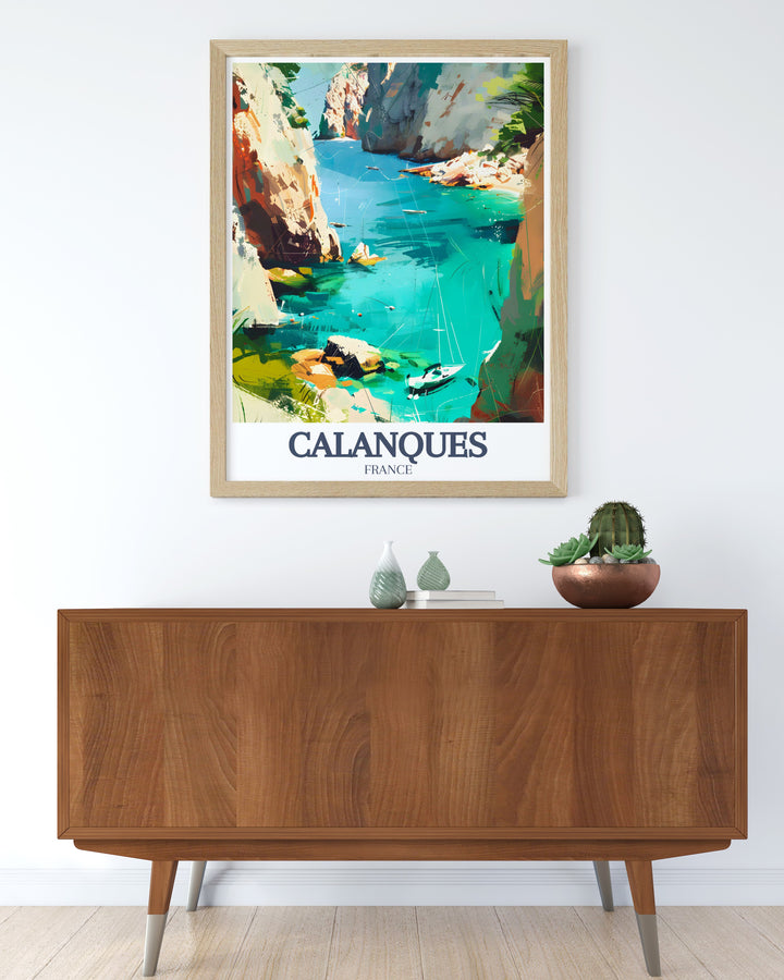 Marseille print of Calanque dEnVau and Calanque de Morgiou brings Mediterranean art into your home featuring stunning views of the rugged French coastline perfect for anyone who loves France illustration and Mediterranean decor.