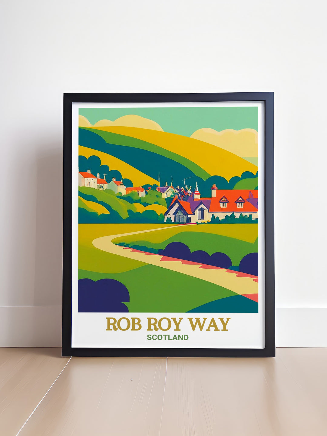 A framed art print of the iconic Rob Roy Way trail, showcasing landmarks like Aberfoyle, Loch Tay, and Pitlochry. This beautiful depiction of Scotlands Great Trails is perfect for those who cherish outdoor exploration and Scottish heritage.