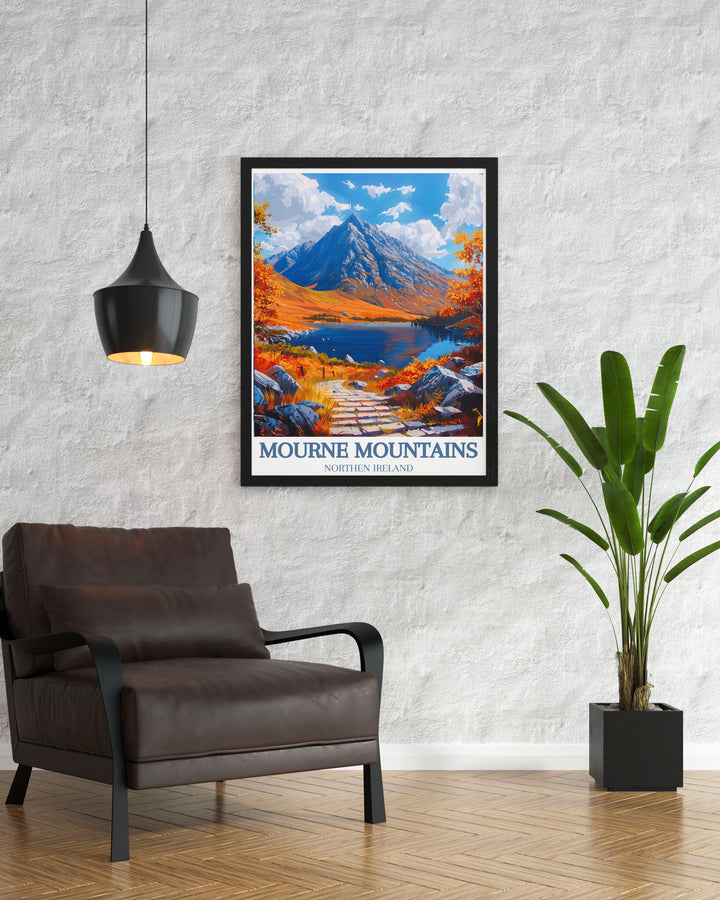 This art print highlights the picturesque scenery of the Mourne Mountains, from its rugged peaks to its serene valleys, making it a perfect addition to your scenic art collection.
