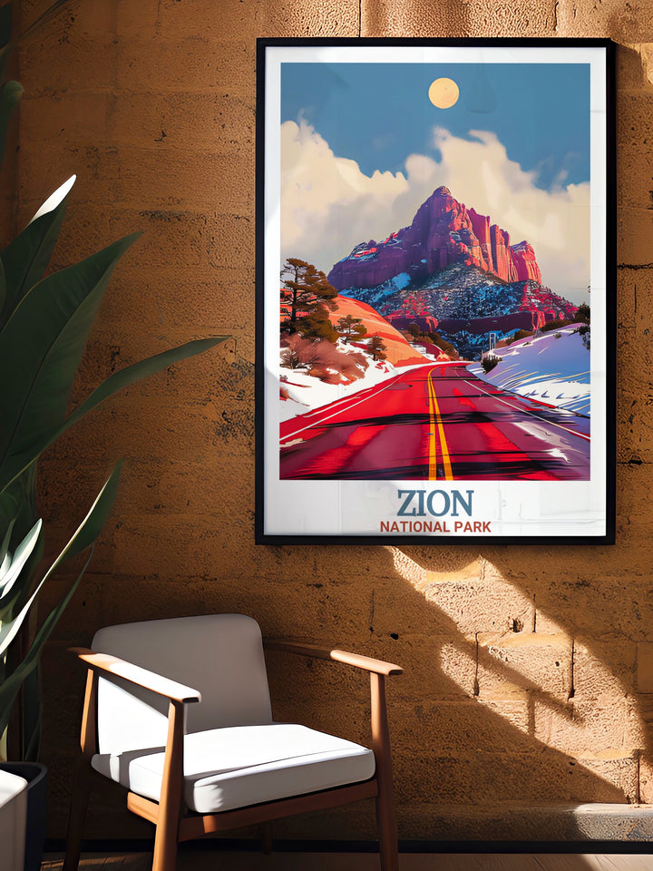 Zion Canyon Scenic Drive travel print with vivid colors highlighting the natural beauty of Zion National Park. Ideal for wall decor and as a unique present for those who love adventure.