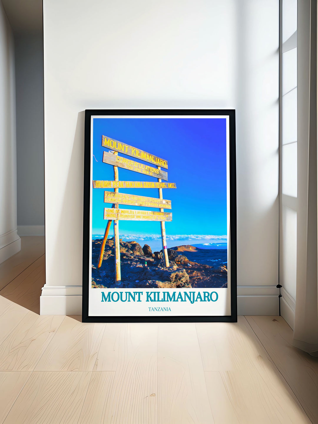 Uhuru Peak modern print featuring the highest point on Mount Kilimanjaro ideal for enhancing your home decor with stunning visuals of Tanzanias iconic peak.