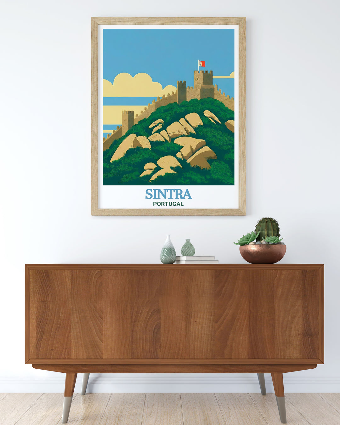 This stunning Portugal travel print showcases the Moorish Castle in Sintra, a beloved historical site in the heart of Portugal. The posters bold colors and intricate detailing make it the perfect addition to any art collection or travel themed decor.