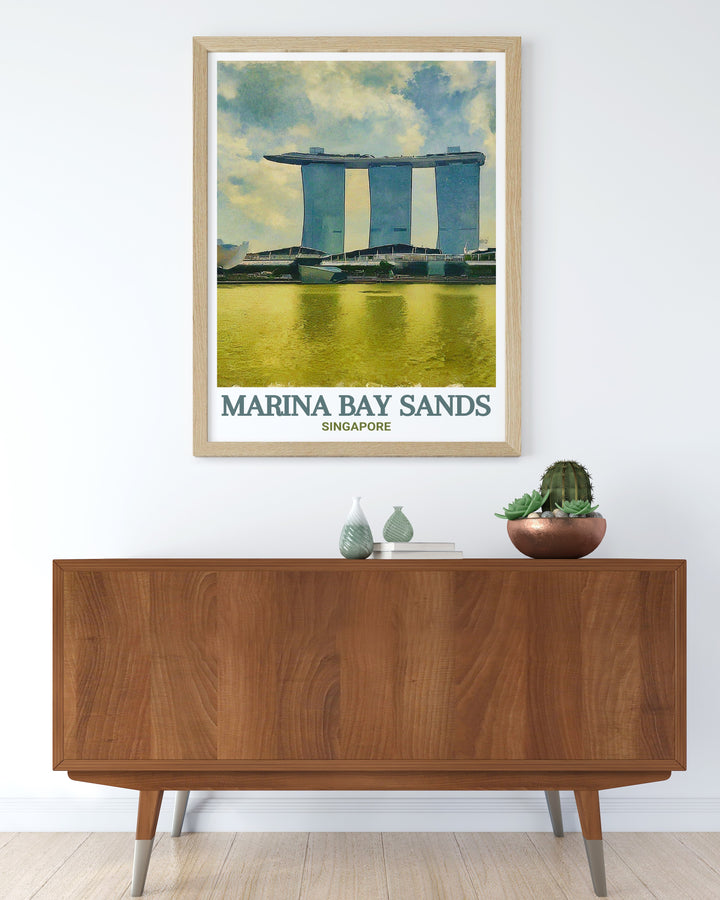 SkyPark Travel Poster capturing the unique perspective from Marina Bay Sands, where architecture and art converge to create a visual masterpiece. This poster is ideal for those who dream of exploring Singapores iconic landmarks.