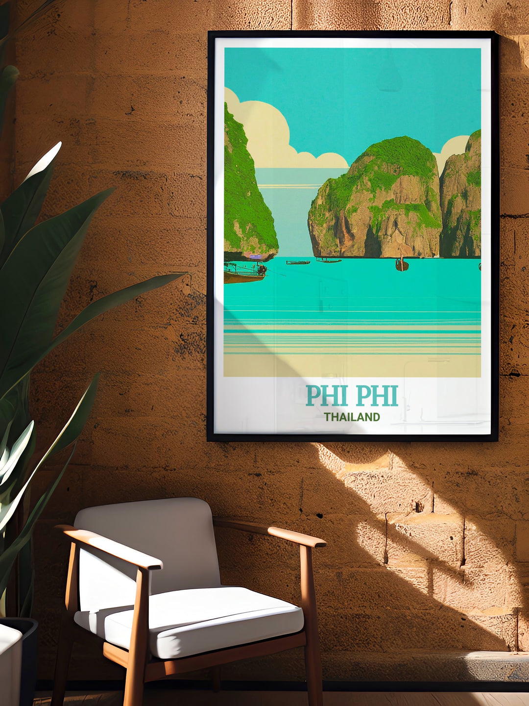 Thailand travel poster featuring a stunning view of Maya Bay on Phi Phi Islands, where the pristine beaches meet the azure waters. This vintage style poster adds a classic touch to your wall décor, ideal for travel enthusiasts and lovers of Thailands natural beauty.