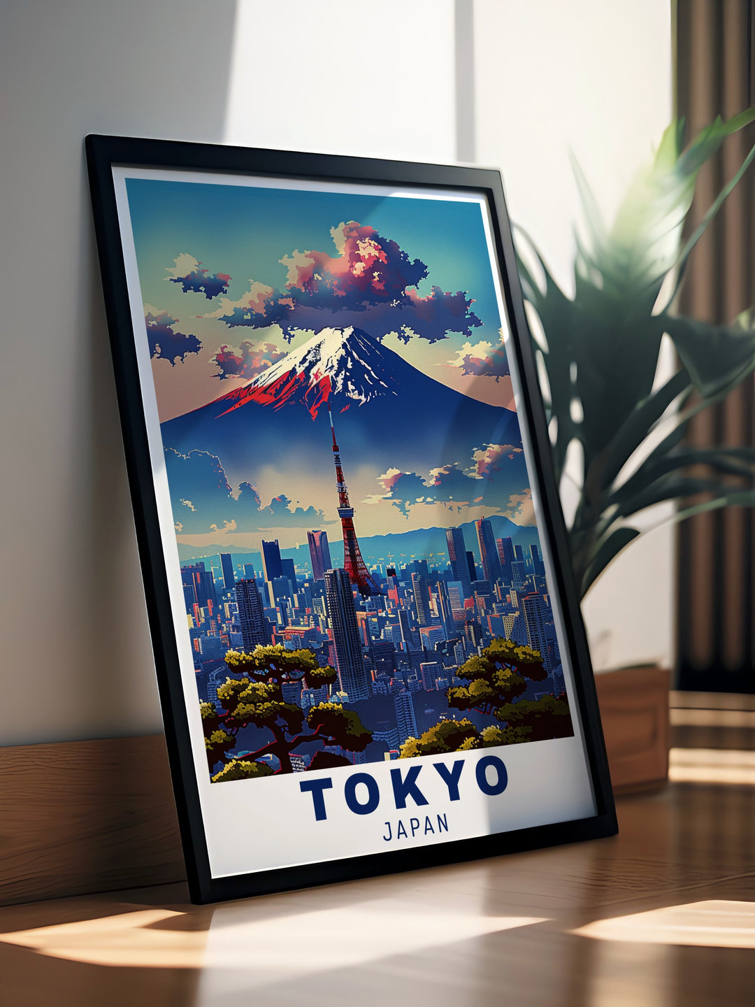 This Mount Fuji travel print captures the stunning beauty of Japans iconic mountain with delicate cherry blossoms in the foreground. Perfect for any lover of Japanese landscapes, this framed artwork brings the peaceful elegance of Mount Fuji into your home décor, with Tokyos skyline visible in the distance.