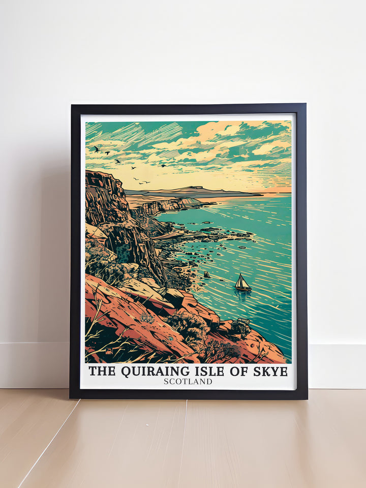 Scenic National Park poster featuring The Quiraing Skye showcasing the impressive Trotternish Ridge and picturesque Staffin Bay perfect for those who appreciate the rugged beauty of Scotlands highlands.