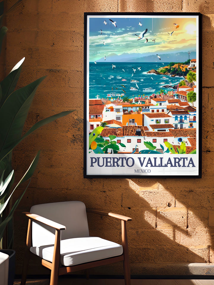 A modern and stylish map print of Puerto Vallarta, featuring Banderas Bay and Puerto Vallarta beach. Perfect as a housewarming or travel gift, this fine line art brings the beauty of Mexicos Pacific Coast right into your home.