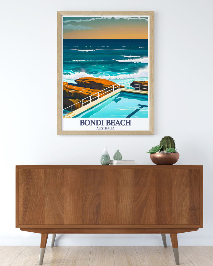 Australia poster showcasing Sydney Harbour with the Sydney Opera House and Harbour Bridge. Bondi Icebergs pool Bondi digital print illustrating the sun soaked beauty of Bondi Beach. Great for travel enthusiasts and art collectors looking for unique prints.