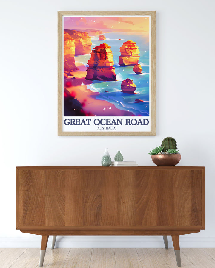 The Twelve Apostles and the Southern Ocean create a stunning focal point in this Great Ocean Road travel print. A must have for anyone inspired by Australias natural beauty, this wall art makes a thoughtful gift or an elegant addition to your own decor.