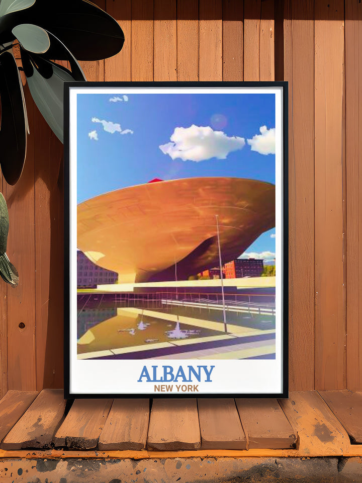 Stunning The Egg vintage print showcasing the unique charm of Albany perfect for those who appreciate New York State art and are looking for unique Albany gifts to elevate their home decor and wall art collection with futuristic appeal.