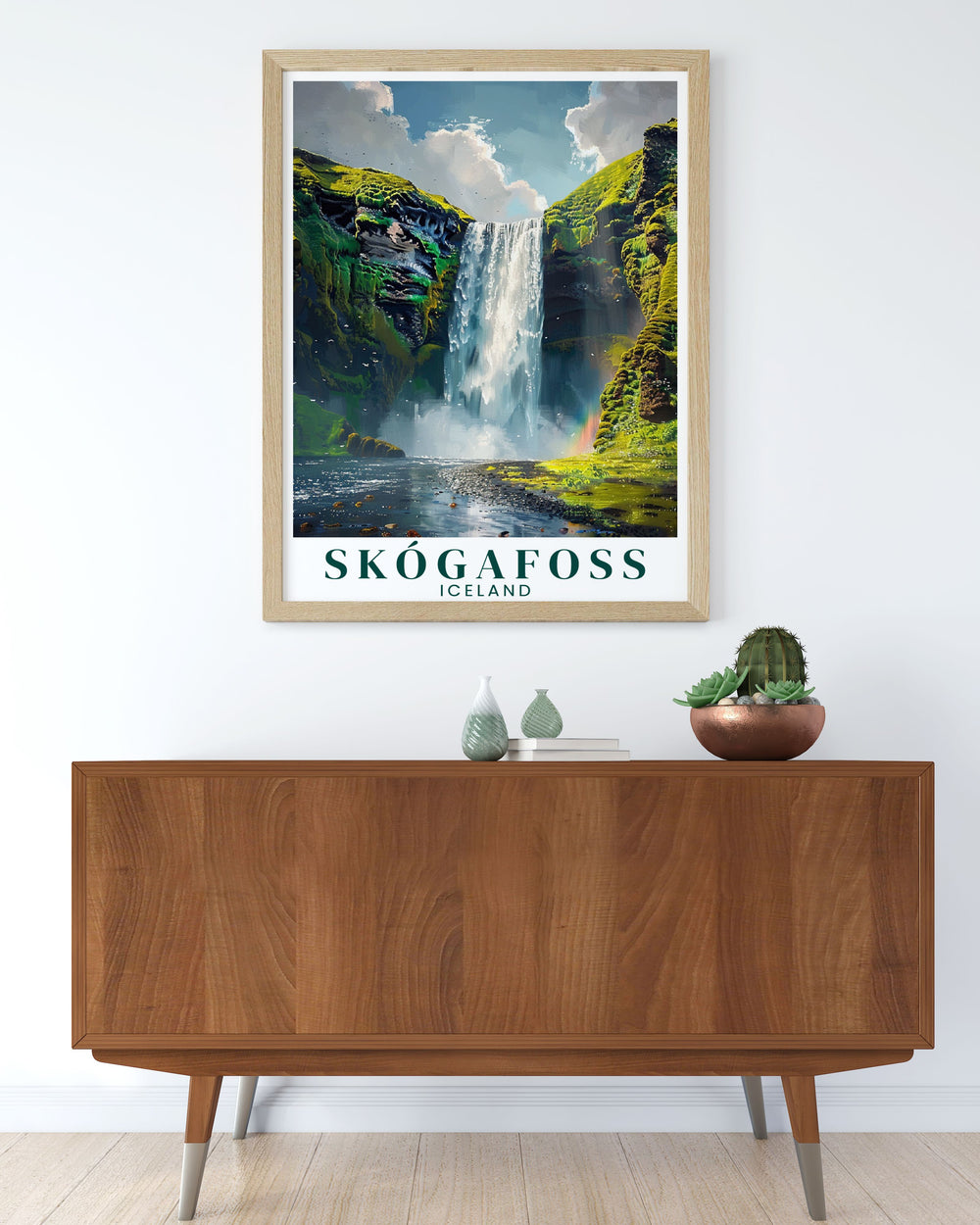 Beautiful Skogafoss waterfall wall art featuring vibrant colors and intricate details bringing the captivating Icelandic landscape into your living space ideal for nature and travel enthusiasts.