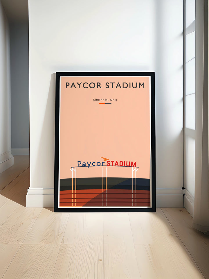 Paycor Stadium travel poster featuring Joe Burrow and Bengals wall art perfect for football fans looking to decorate their living space with stunning modern prints that highlight Cincinnati football and Bengals players like Joe Mixon and Tyler Boyd