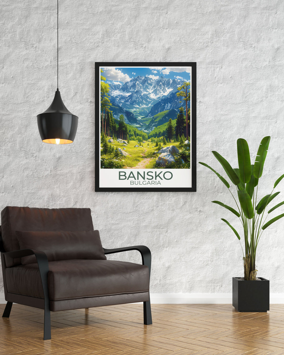 This vibrant travel poster showcases the breathtaking scenery of the Pirin Mountains and the modern amenities of Bansko Ski Resort, perfect for adding a touch of Bulgarias charm to your walls.