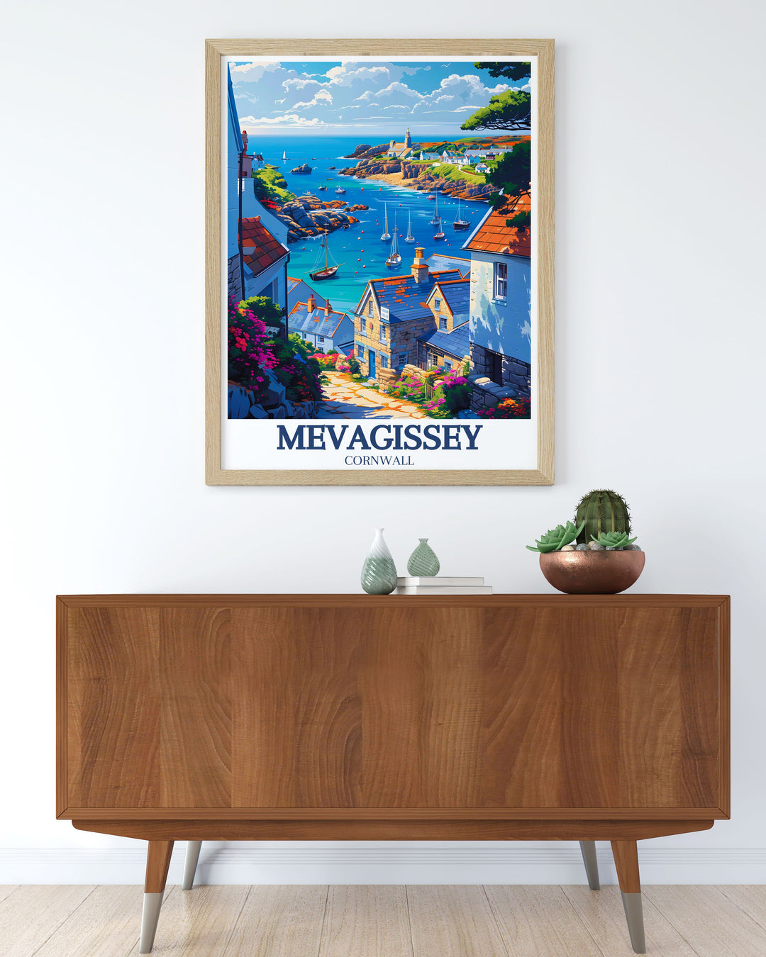 Explore the enchanting village of Mevagissey in Cornwall with this travel poster capturing its picturesque scenery. Ideal for those who love coastal beauty, this artwork showcases the vibrant harbor, colorful cottages, and narrow streets of Mevagissey.