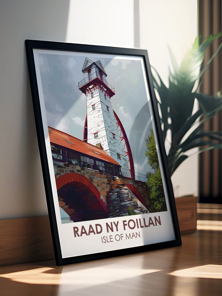 Isle of Man Poster with Laxery wheel Modern Art emphasizing the dramatic landscapes of Raad Ny Foillan Hike and the picturesque Douglas Harbour ideal for enhancing your home with a touch of luxury