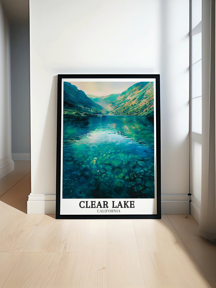 A vibrant travel poster of Clear Lake set against the striking Coast Ranges, this piece of art is perfect for lovers of nature, boating, and the great outdoors. The image brings Northern Californias hidden gem to life.