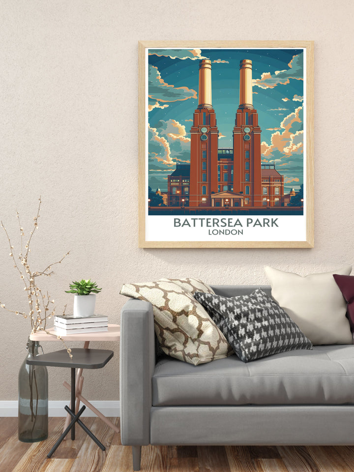 Vintage London print featuring Battersea Power Station highlighting the citys rich history and architectural beauty ideal for any art lovers collection