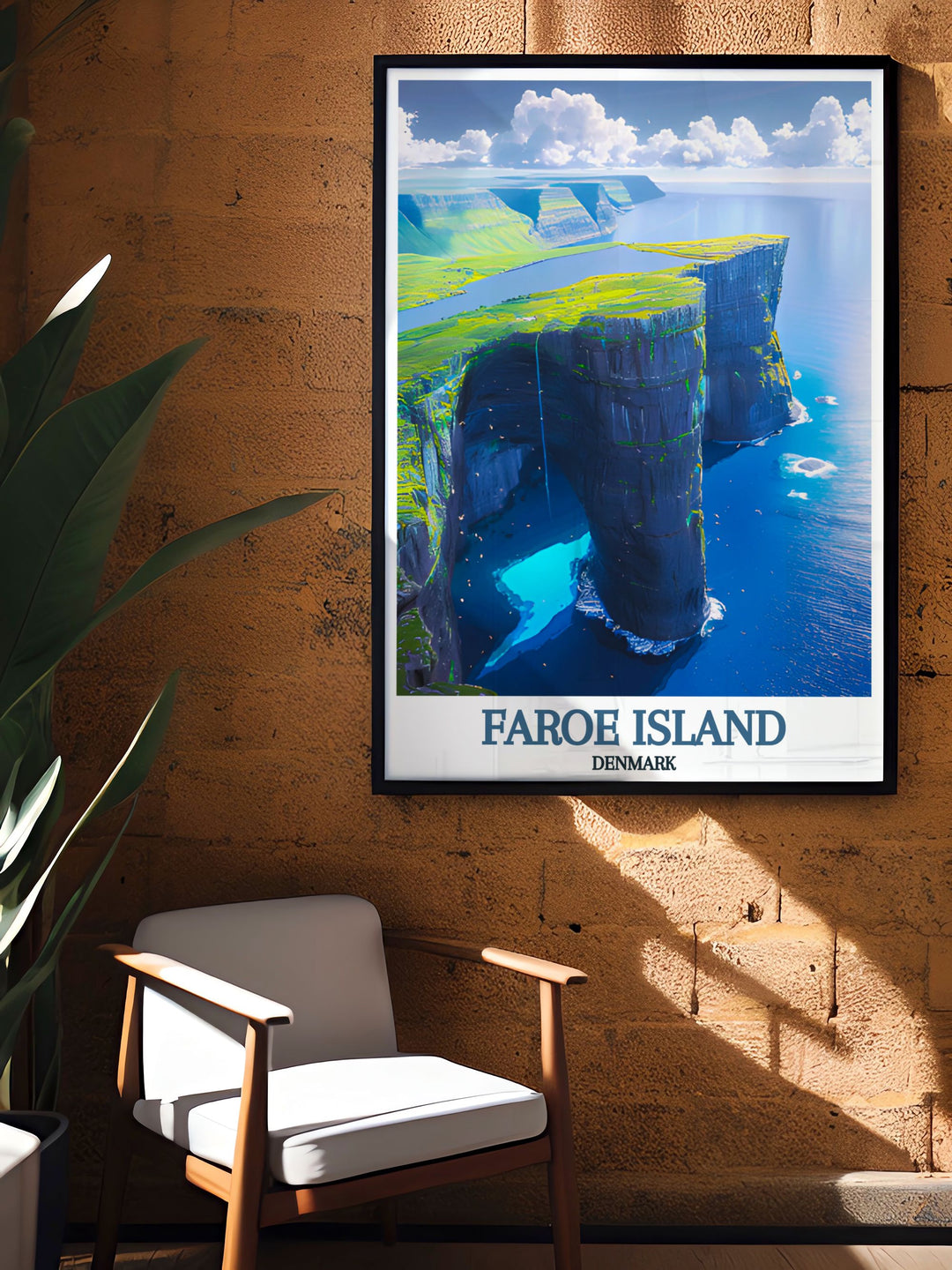 The natural beauty and dramatic landscapes of the Faroe Islands are celebrated in this poster, featuring the iconic Sørvágsvatn and inviting you to explore its breathtaking views.