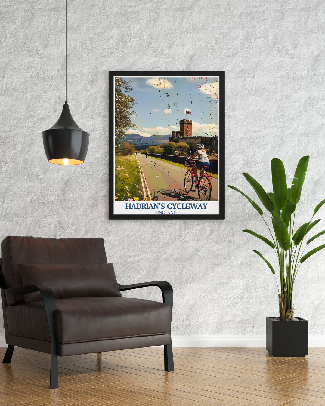 The travel poster of Hadrians Cycleway captures the scenic route along Hadrians Wall, showcasing the historical and natural beauty of Northern England, perfect for adding adventure to your home decor.
