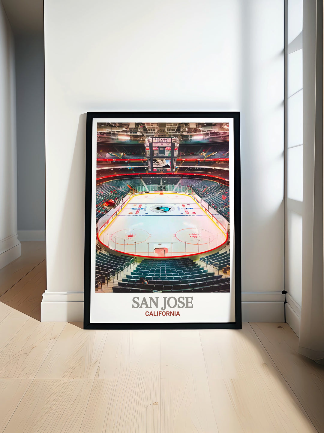 Travel print featuring the SAP Centers striking architecture and lively atmosphere, bringing the heart of San Joses entertainment district into your home or office space. A perfect piece for fans of Californias cultural scene.