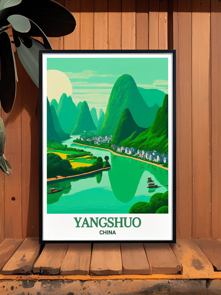 Framed art print of Yangshuos iconic landscape, showcasing the Li River flowing between towering karst mountains. This artwork is a beautiful tribute to the natural beauty of China, perfect for lovers of Asian inspired wall art.