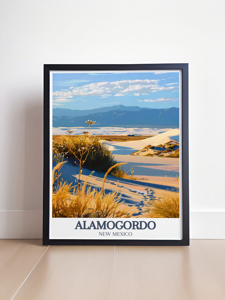 This stunning Alamogordo art print highlights White Sands National Park and White Sands Missile Range bringing the beauty of New Mexico into your home decor perfect for living room or office wall art as a thoughtful gift for lovers of southwestern landscapes.