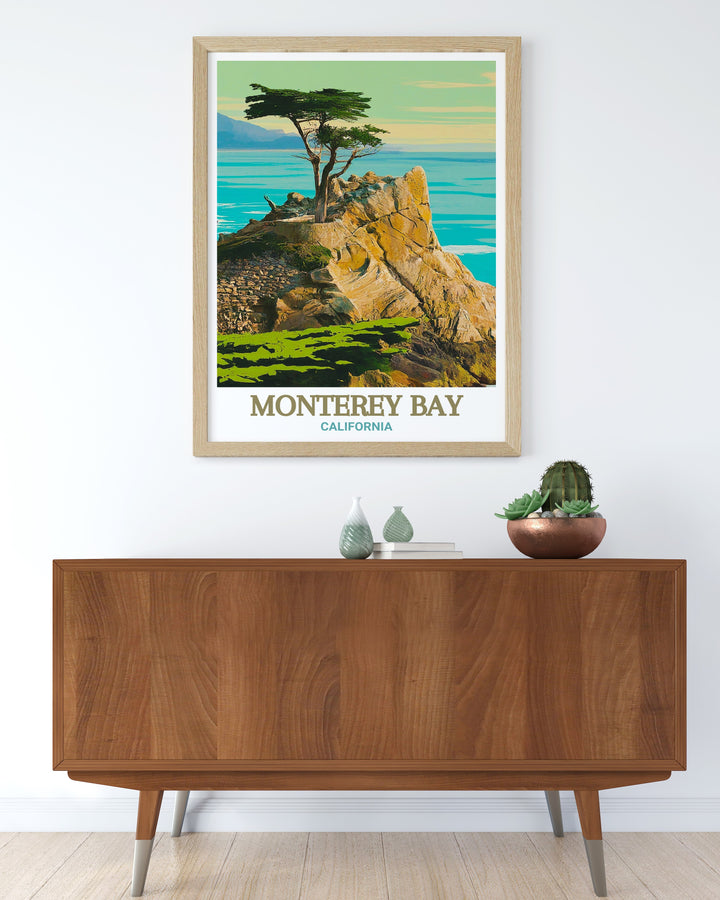 Stunning travel poster of the 17 Mile Drive in Monterey Bay, showcasing the breathtaking landscape of California. A perfect gift for nature and art lovers. The vibrant colors and intricate details capture the serene ambiance of this famous destination.