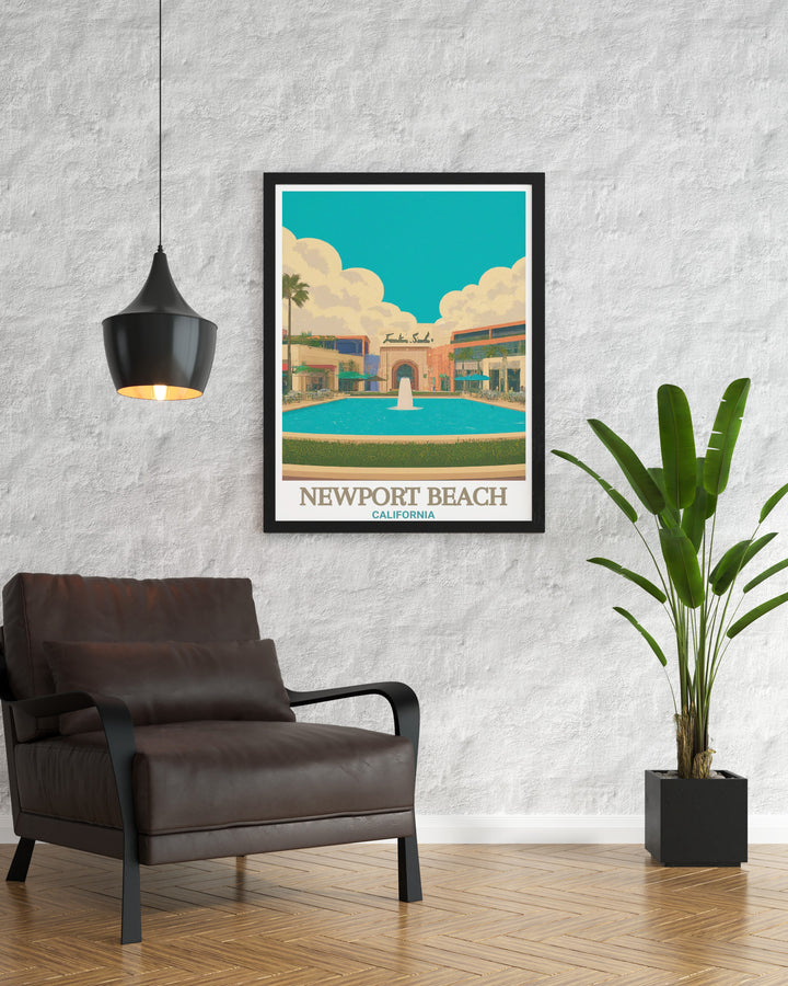 Fashion Island vintage print showcasing the elegant shops and scenic surroundings of Newport Beach. This artwork is a timeless piece of California art that adds character and style to your home decor. Ideal for those who love the Golden States coastal sophistication.