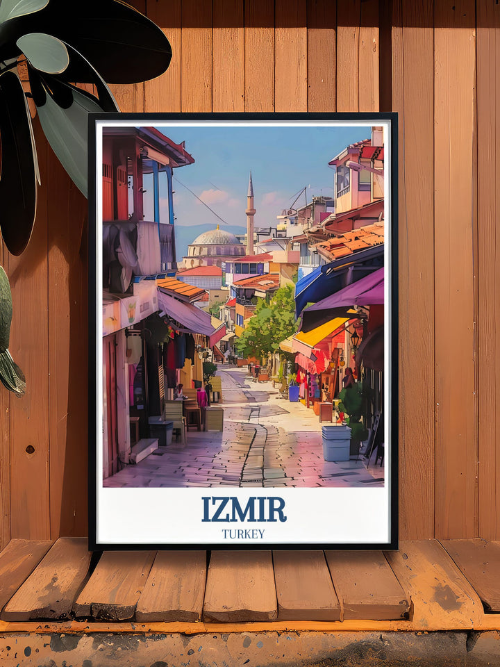 Explore the beauty of Turkish architecture and culture with this Izmir travel poster. Highlighting the intricate details of Başdurak Mosque and the lively energy of Kemeralti Bazaar, this wall art captures the essence of Izmir, making it an ideal gift or personal treasure.