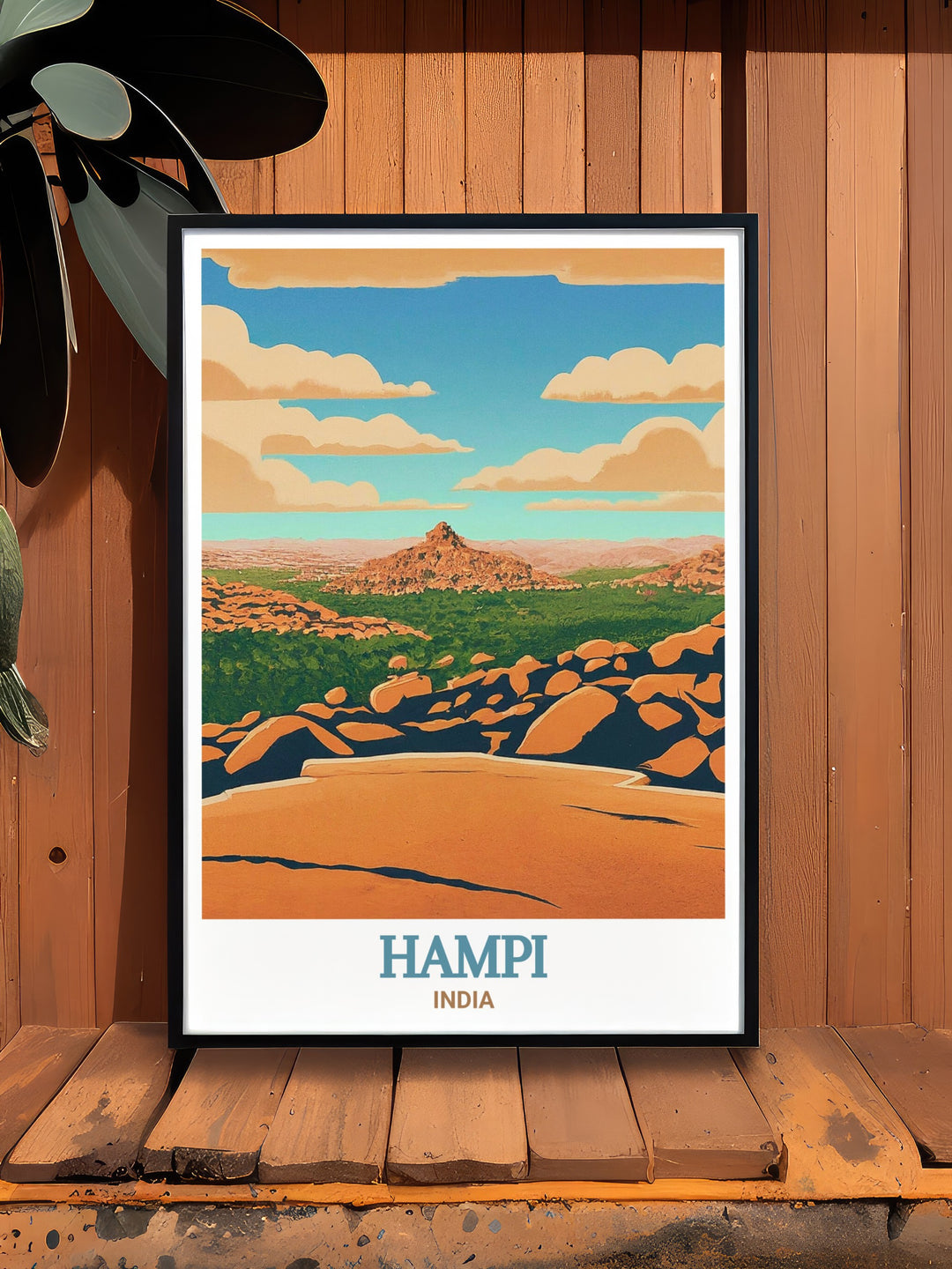 Matanga Hill travel poster from Hampi, India, showcasing the ancient ruins and beautiful sunrise. This print captures the essence of Hampis historical and cultural significance, perfect for enhancing your home decor.